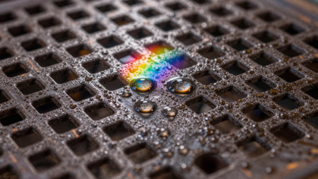 Water droplets collect on a textured metal surface, forming a small rainbow. The scene captures light reflecting off the droplets in a city location after a rain shower.の写真素材