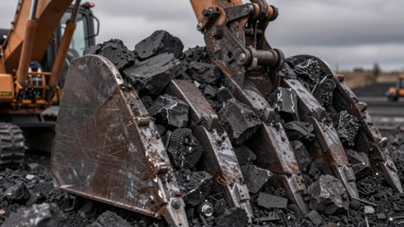A large excavator is digging into a pile of coal at a mining site. Workers operate machines in the background as clouds cover the sky.の写真素材