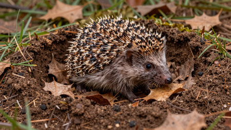 A hedgehog searches for food in the forest. The ground is covered with fallen leaves and dirt. It is a cool day in autumn. The hedgehog moves slowly in its natural habitat.の写真素材
