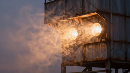 Two strong lights illuminate smoke around an old metal tower during an evening event. The atmosphere reveals a blend of light and mist at the location.の写真素材