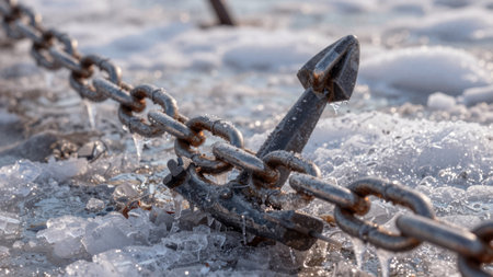 An anchor is connected to a metal chain lying in frozen water. Ice surrounds the chain and anchor. This scene shows cold weather conditions at a coastal location.の写真素材