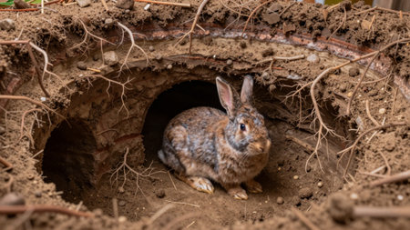 A rabbit rests in a burrow made of dirt and roots. The burrow is located in a garden area. Natural light shines on the scene, showing the rabbit's fur and the texture of the ground.の写真素材
