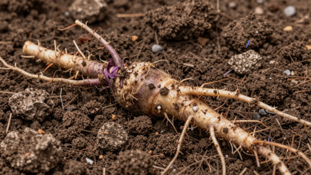 A farmer digs up a root crop from the earth. The crop has a mix of purple and white colors. The surrounding soil appears dark and rich with small stones.の写真素材