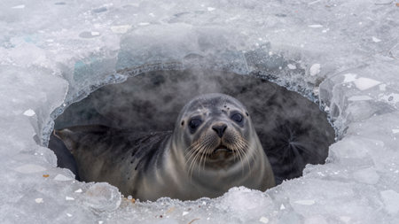 A seal is visible in a large hole surrounded by ice. The scene shows steam rising from the water, indicating cold weather. The ice is thick and fragmented, typical of winter in the Arctic.の写真素材