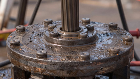A metal machinery part is in use at a construction site. Grease and dirt are visible on the surface. The deployment shows the inner workings of equipment in action.の写真素材