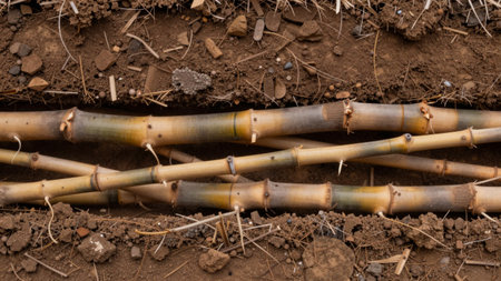 Bamboo stalks are placed in a trench in soil, supporting garden plants. Surrounding ground has small rocks and dry leaves, indicating rural land use.の写真素材