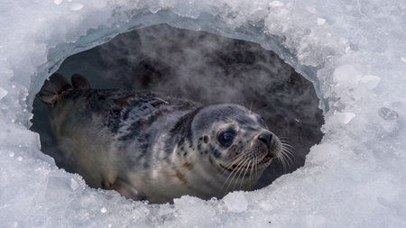 A seal emerges from an ice hole surrounded by snow. The animal looks alert as it peers out from the icy waters. This scene occurs in a cold Arctic landscape during winter.の写真素材