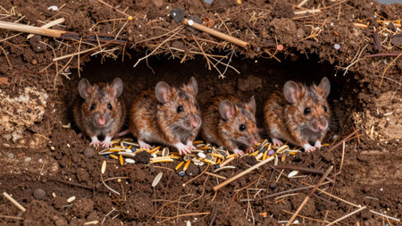 Four mice are seen near the entrance of a burrow filled with soil and seeds. They appear to be foraging and interacting in their habitat during daylight hours.の写真素材