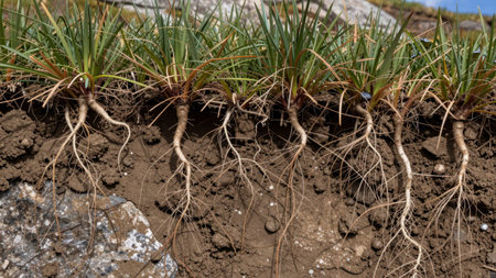 Grass plants show their roots in the soil under bright sunlight. The scene captures the connection between grass and earth. Rocks are nearby, adding to the natural landscape.の写真素材
