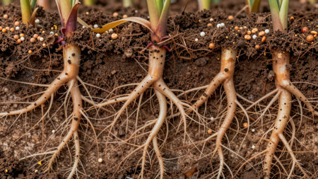 Roots are shown in soil, demonstrating how they grow and gather nutrients and water. This process is important for plant health and development.の写真素材