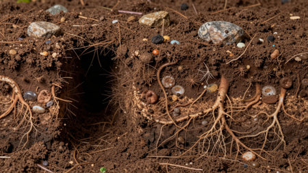 Roots grow in the soil with small stones visible in the earth. The ground shows layers of dirt and organic matter in a natural setting under sunlight.の写真素材