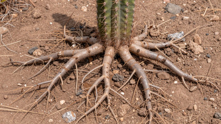 A cactus shows its roots spreading out in sandy soil surrounded by small rocks. The sun shines on the plant in a dry landscape, showing the details of the roots.の写真素材