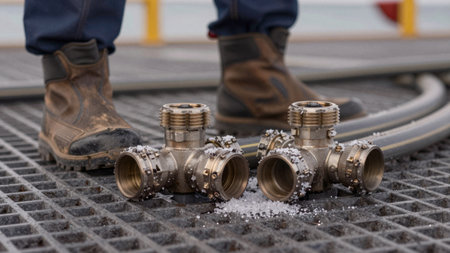 Workers are at a construction area where metal pipes are installed. Salt is scattered on the ground around the pipes. Heavy boots are worn, indicating a tough work environment.の写真素材
