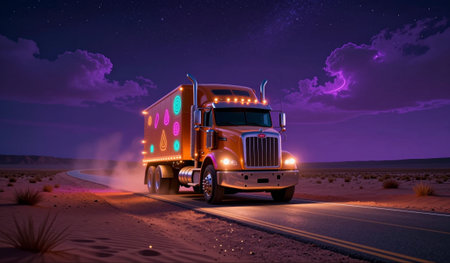 A truck with colorful lights travels along a deserted road in the night. The desert landscape features sand and distant hills under a deep sky.の写真素材