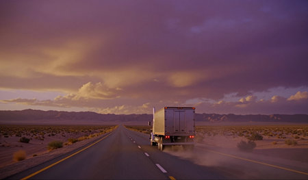 A truck moves down a long highway surrounded by desert land. The sky is filled with colorful clouds as the sun sets behind distant mountains.の写真素材