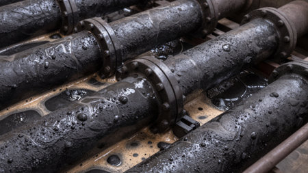 Several large black pipes are fixed in place, with water and bubbles visible around them in a factory setting. This scene shows a part of the manufacturing process.の写真素材