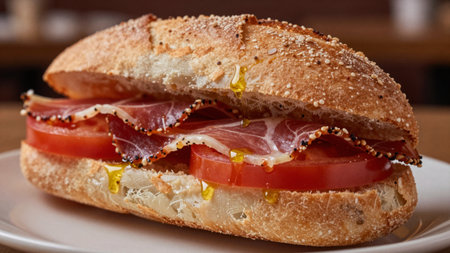 A sandwich sits on a white plate. It has layers of cured meat and fresh slices of tomato. The setting shows a restaurant table with warm lighting.の写真素材