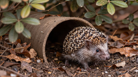 A hedgehog is coming out of a clay pot in a garden. The ground is covered with dry leaves and plants surround the pot. It is daytime and the hedgehog appears curious.の写真素材