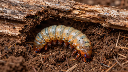A large caterpillar moves slowly through the soil and debris found in a forest. Sunlight filters through the trees, highlighting the brown and green surroundings.の写真素材