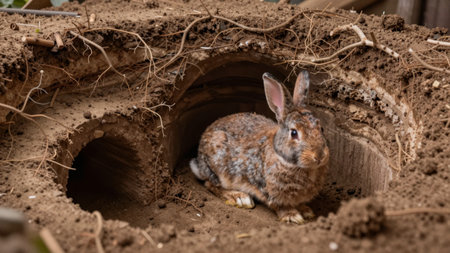 A rabbit rests inside a burrow made of dirt and roots. The burrow has two openings. The time is late afternoon and the area is natural and simple.の写真素材
