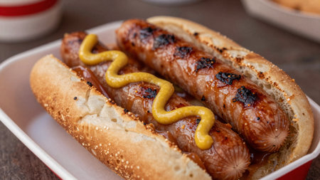 Two grilled sausages sit in a soft bun with a line of mustard on top. This dish is served at a food stand during a sunny afternoon, ready to be enjoyed.の写真素材