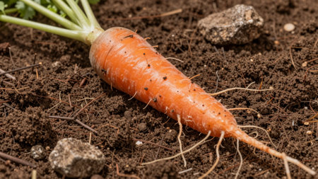 A carrot lies on the ground with visible roots and dirt around it. The setting shows rich soil with small rocks and bits of greenery. It is a clear day with natural light.の写真素材