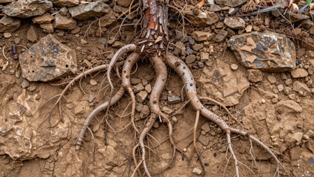 Roots of a tree are visible on the surface of the soil. The ground is rocky with various stones and dirt. Sunlight lights up the scene, showing the details of the roots and soil.の写真素材