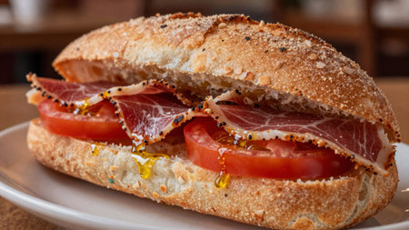 A sandwich is placed on a white plate. It has layers of tomatoes and meat inside a crusty bread. The setting is a cafe during the busy lunchtime.の写真素材
