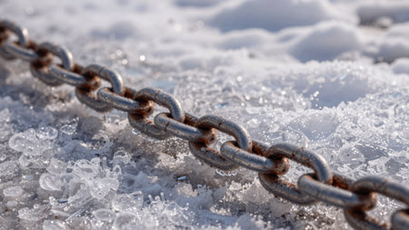 A rusty metal chain lies on an icy surface covered with bubbles and frost. Sunlight sparkles on the ice, showing details of the chain and the surrounding cold environment.の写真素材