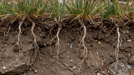 Grass roots are visible in the soil, revealing their growth pattern and connection to the earth. Sunlight shines on the scene in a residential garden setting.の写真素材