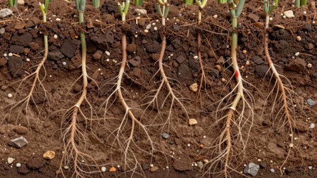 Plants are growing in soil with visible roots spreading below the surface. The soil shows small stones, dirt, and plant life, highlighting growth and nourishment.の写真素材
