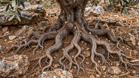 Roots extend from the base of an olive tree, intertwining with stones and dry earth. The scene shows a natural landscape with no crops nearby.の写真素材