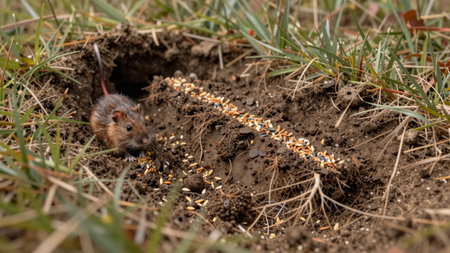 A small animal forages for seeds on the ground near its burrow. The scene shows dirt, grass, and scattered seeds under bright daylight.の写真素材