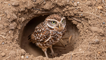 Burrowing owl is seen positioned near the opening of its underground burrow in a sandy area. The bird looks alert and watches its surroundings closely.の写真素材