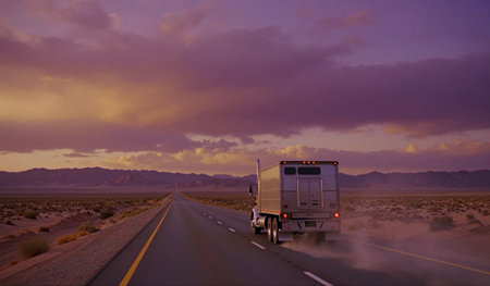 A truck travels on a long highway through a desert area with mountains in the background. The sky is filled with clouds and colors from the setting sun.の写真素材