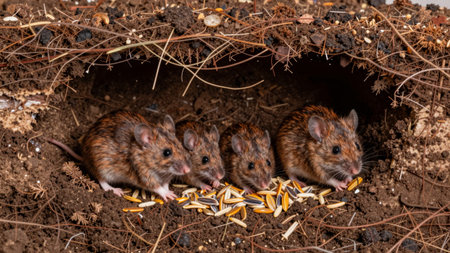 Four mice are seen inside a burrow digging through the soil. They are eating scattered seeds. The scene shows their natural habitat with dirt and small plants around.の写真素材