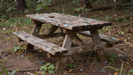 A weathered wooden picnic table sits quietly in a serene forest clearing, surrounded by lush...