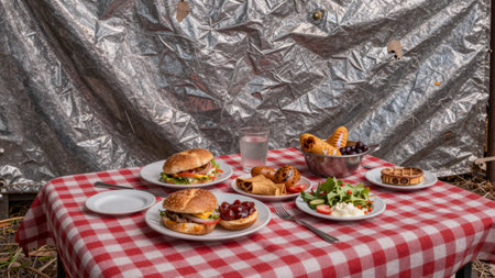 A joyful outdoor feast showcases two delicious burgers adorned with fresh toppings, surrounded by...