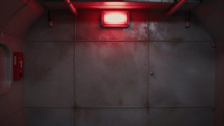 In a dimly lit corridor, a harsh red light casts shadows over rusted metal walls. The silence adds to the atmosphere of a forgotten space station, evoking a sense of isolation and suspense.の写真素材