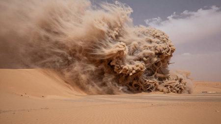 Whirling clouds of dust rise dramatically from the desert floor, creating enchanting shapes under...