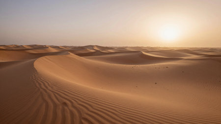 Soft waves of golden sand stretch endlessly beneath a glowing sky. The setting sun casts a gentle...