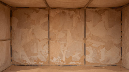 Inside an abandoned desert shelter, sun pours through open spaces, illuminating the sandy walls....