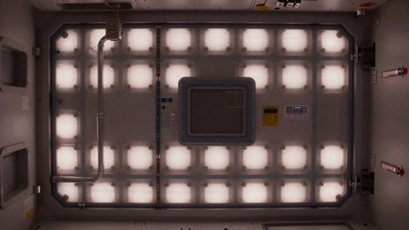Soft light fills the ceiling of a sleek spacecraft interior, highlighting the modern design and...