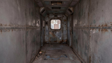 Inside a decaying train corridor, rust coats the walls and floor. Broken windows frame a distant...