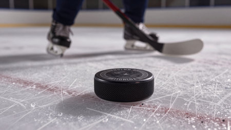 On a smooth, glistening ice rink, a black puck waits in the cold while a skater, poised on sharp...