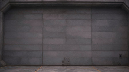 A striking concrete wall fills an expansive room, illuminated by bright lights. The smooth surface...
