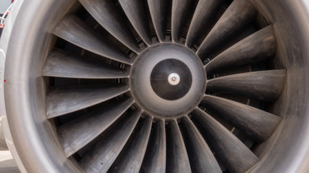 Close-up view of a jet engine showcasing its impressive turbine blades. The image captures the strength and precision of aviation engineering, highlighting the complexity of aircraft technology.の写真素材