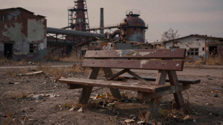 A lonely wooden bench sits amidst overgrown weeds and crumbling walls of a deserted factory. The fading colors tell stories of the past, while distant structures rise against a gray sky.の写真素材