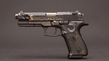 A remarkable handgun lies against a dark background, highlighting its intricate gold detailing and...
