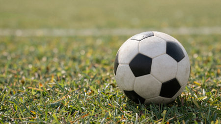 A classic black and white soccer ball sits on vibrant green grass, surrounded by a wide, sunlit sports field. This scene captures the spirit of play and teamwork during a warm day.の写真素材